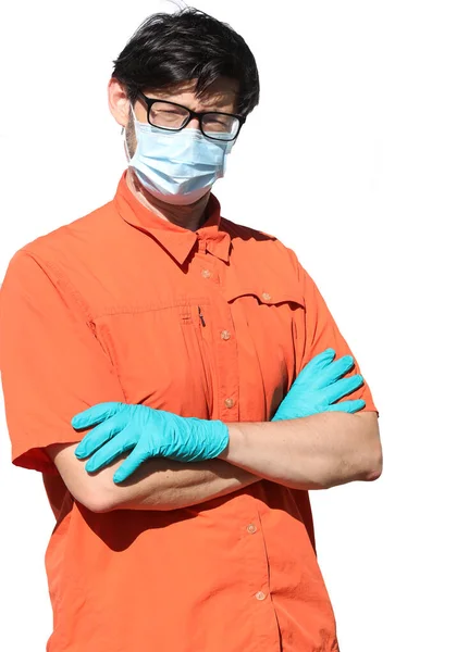Lateks Eldivenli Gözlüklü Maskeli Genç Bir Tıp Adamı — Stok fotoğraf
