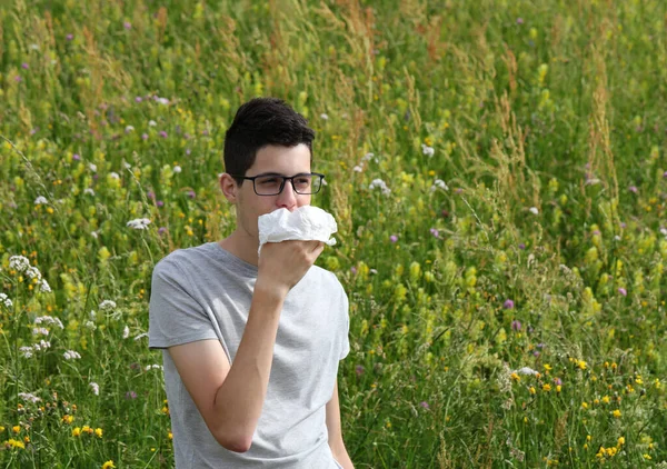 Young Short Sighted Boy Asthma Sneezes Handkerchief Due Grass Allergy — Photo