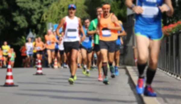 Intentionally Blurred Group Athletes Runners Foot Race City Asphalt Road — Fotografia de Stock