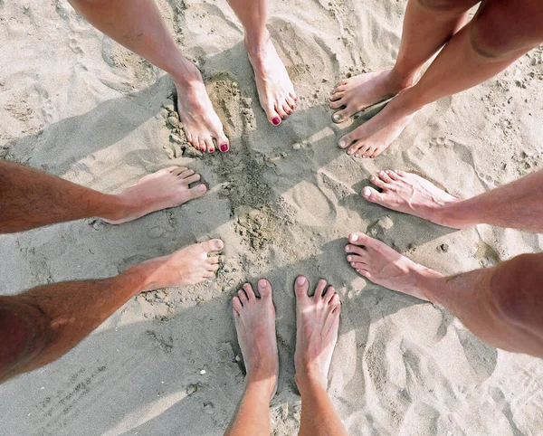 Feet Sandy Beach Family People Father Mother Three Children — Stock Photo, Image