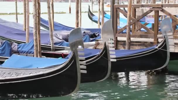 Gondolák Tipikus Hajó Velence Jellegzetes Fém Olaszországban Kikötve Emberek Nélkül — Stock videók