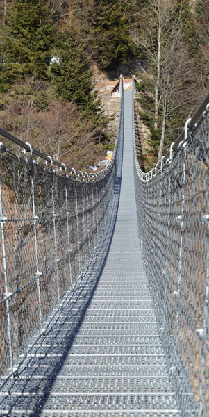 Most Wiszący Próżni Dużej Wysokości Górach Wsparty Solidnymi Stalowymi Linami — Zdjęcie stockowe