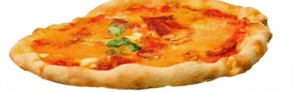 Pizza Typu Margherita Świeżą Mozzarellą Miąższem Pomidorowym Oraz Bazylia Typowe — Zdjęcie stockowe