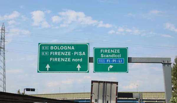 Junction Motorway Sign Directions Italian Cities Bologna Scandicci Pisa Ring — Foto Stock