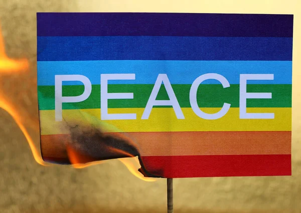 Flag Text Peace Burns Fire Golden Background — Foto de Stock