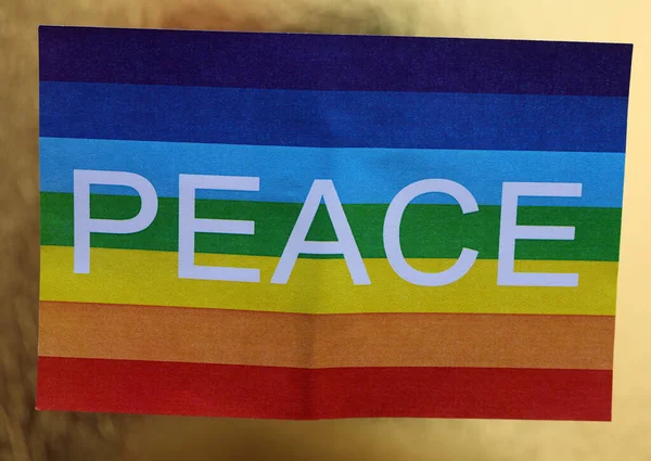 Peace Flag Colors Rainbow Big Text Golden Background Symbol War — Foto Stock