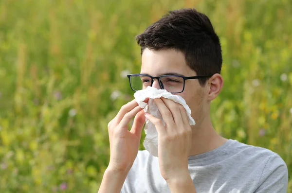 Guy Glasses Sneezing White Handkerchief Because Allergic Weeds — ストック写真