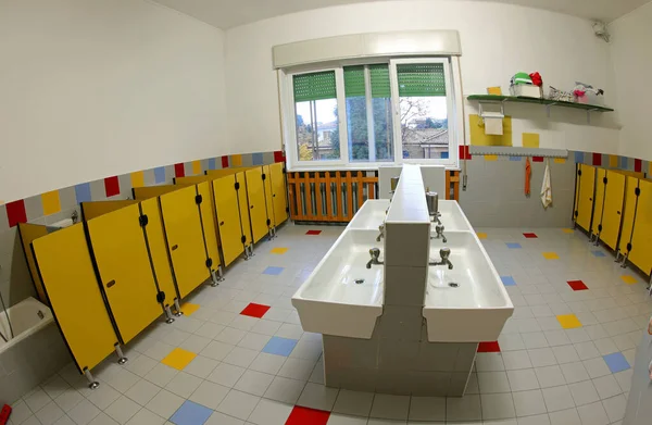 Interior Bathrooms Nursery School Low Sinks Yellow Toilet Cubicles Children — Stock Photo, Image