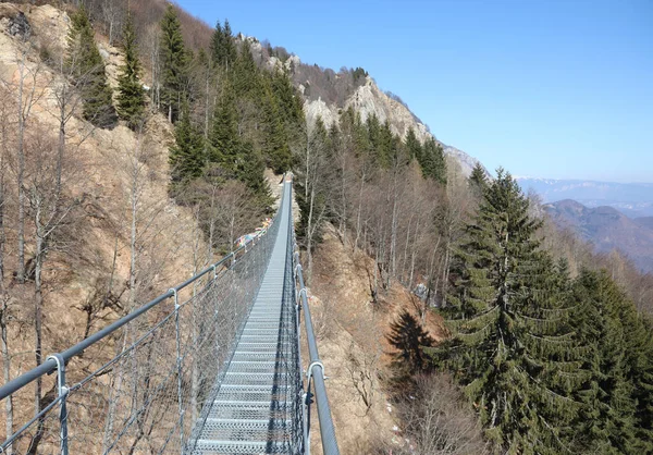 long suspension bridge over the void of the ravine in the mountains supported with sturdy steel ropes
