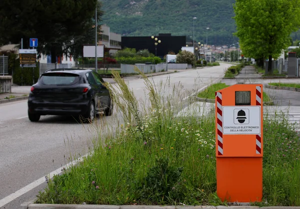 Road Safety Camera Text Means Electronic Speed Control Italian Language — Zdjęcie stockowe