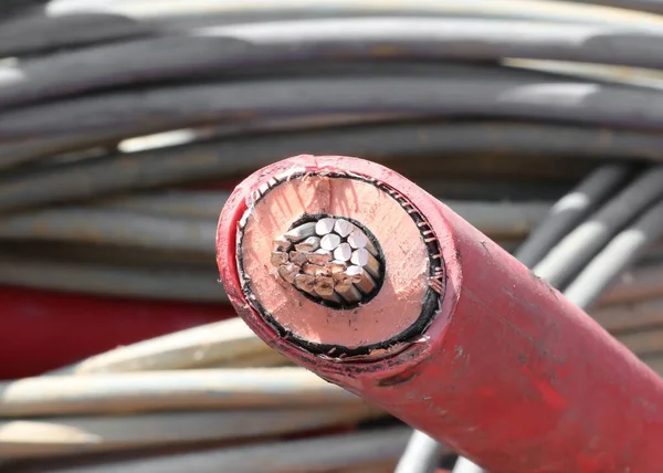 Disused Red Copper Electrical Cable High Voltage Electricity Recycling Facility — Stock Photo, Image