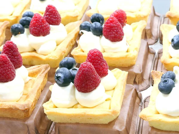 Pastries Stuffed Cream Many Berries Sale Pastry Shop — Stok fotoğraf