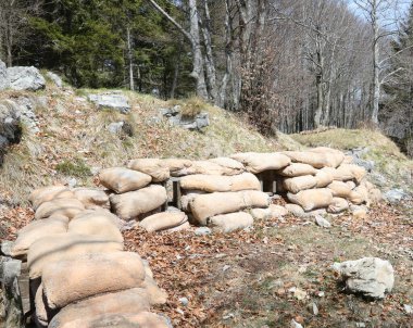 piles of sandbags installed by army soldiers to defend against enemy attacks during war