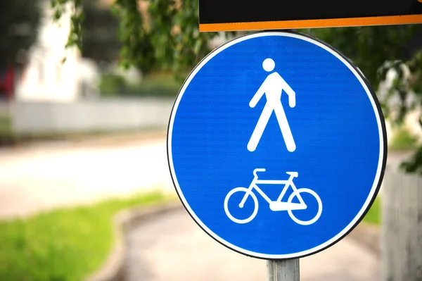 Blue Road Sign White Symbols Means Pedestrian Zone Cycle Lane — Stock Photo, Image