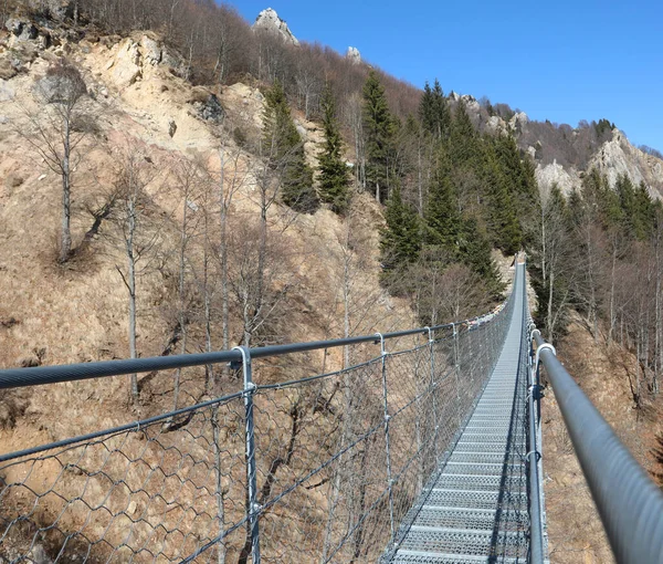 強い鋼のロープで作られた山の間の谷にかかる長い吊り橋 — ストック写真