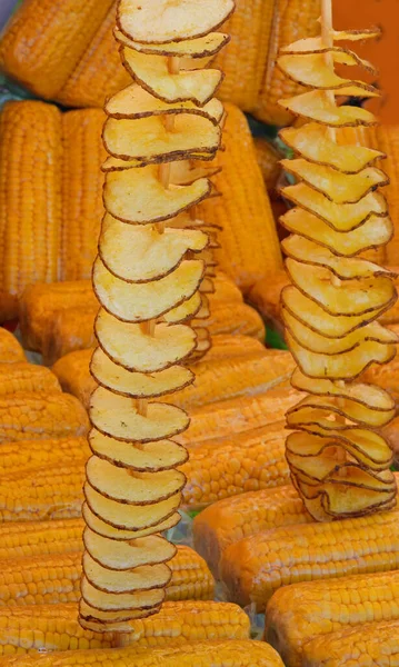 Peeled Fried Potato Skewer Cooked Corn Cobs Sale Street Food — Stock Fotó