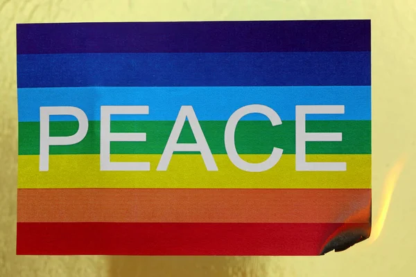 Flag Text Peace Colors Rainbow Catching Fire Flame Symbolizes War — Φωτογραφία Αρχείου