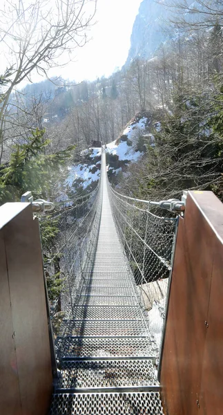 Long Pont Suspendu Fait Cordes Acier Robustes Qui Relient Les — Photo