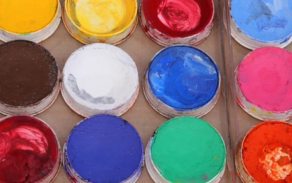 Palette Many Colors Used Painter Also Make Artists Mask Face — Stock Photo, Image