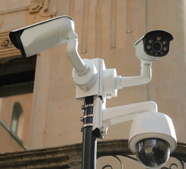 Three High Definition Cameras Video Surveillance City Police Avoid Vandalism — Stock Photo, Image