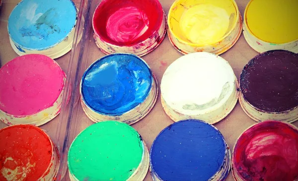 Palette Many Colors Used Make Artists Mask Face Create Cute — Stock Photo, Image