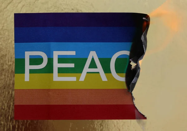 Великий Прапор Словом Мир Полум Символізує Війну Яка Руйнує Назавжди — стокове фото