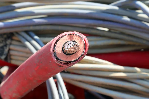 Red Electric Cable High Voltage Electricity You See Inner Core — Foto de Stock