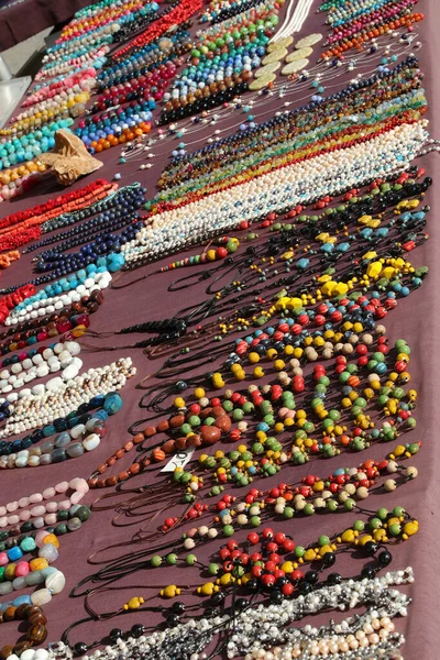 Many Colorful Beaded Necklaces Displayed Counter Vintage Fashion Accessories Stall — Stock Photo, Image