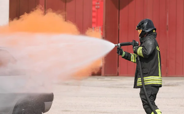 Brave Fire Brigade Extinguishes Fire Hose Spraying Water Very High — Stock Photo, Image