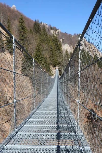 Lange Hängebrücke Aus Stabilen Stahlseilen Und Metallschwellen Die Die Beiden — Stockfoto