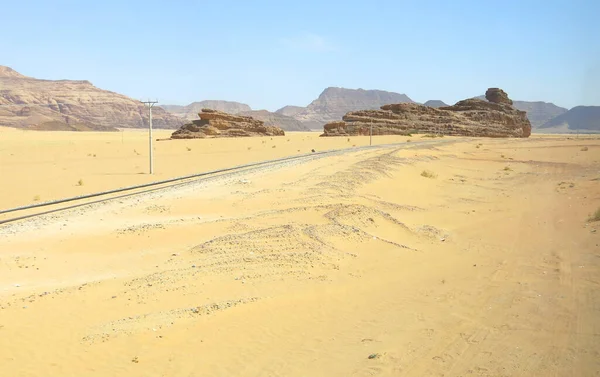 Railroad Tracks Train Middle Desert Sand Some Rocks Background — Stock Photo, Image