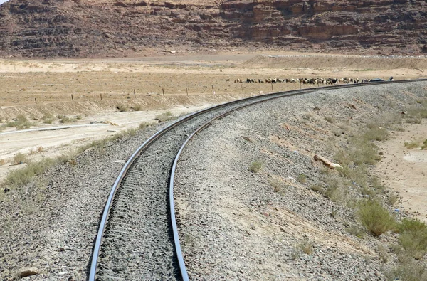 Curve Railway Tracks Train Middle Desert Sand Background Some Rocks — ストック写真