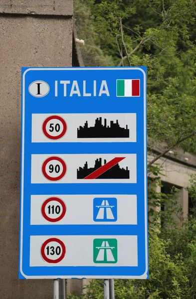 big road sign on the border with Italy with the indications of the speed limits in the city on the extra-urban roads on the motorway