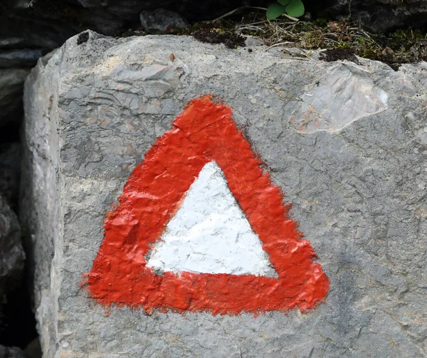 Two Large White Red Triangles One Other Indicate Path High — Zdjęcie stockowe