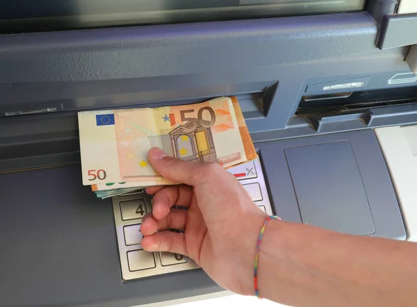 Hand Taking Euro Banknotes Atm Typing Secret Code — Stock Photo, Image