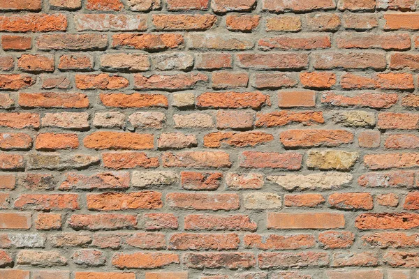 Hintergrund Der Mauer Aus Vielen Roten Ziegeln Mit Mörtel Eines — Stockfoto