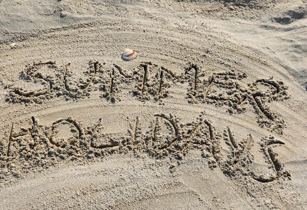 Text Words Summer Holidays Capital Letters Sand Sandy Beach — Fotografia de Stock