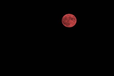 creepy full red moon that is in the middle of the black sky at midnight