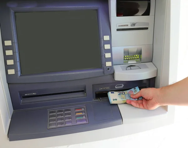 Hand Picking European Banknotes Atm Entering Secret Pin — Φωτογραφία Αρχείου