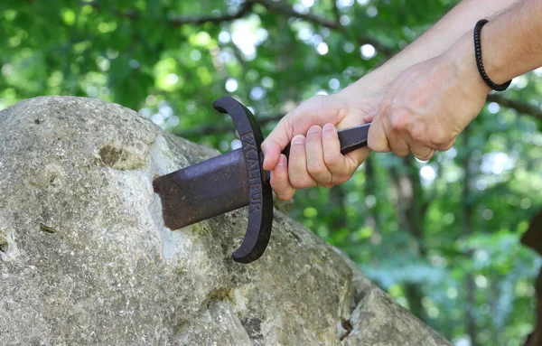 Arms Knight Trying Draw Sword Stone Middle Forest Trees — 图库照片