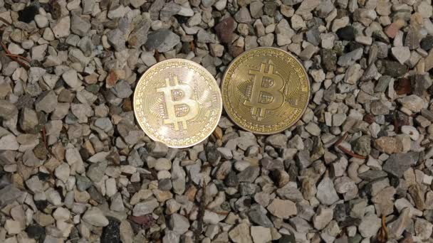 Münzen Die Bitcoin Symbolisieren Und Mit Kies Bedeckt Sind Fast — Stockvideo