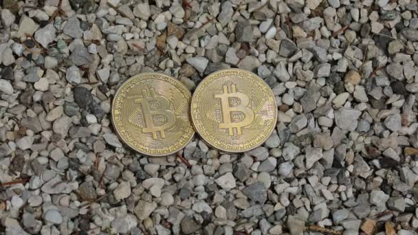 Münzen Die Bitcoin Symbolisieren Und Mit Kies Bedeckt Sind Fast — Stockvideo