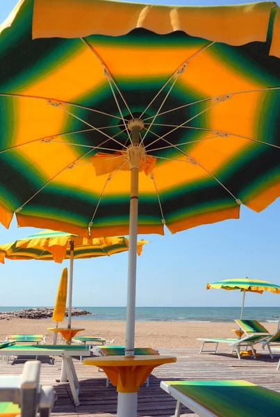 under a big umbrella and loungers on the sandy beach by the sea in summer