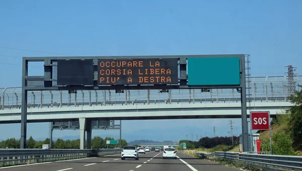 Italian Big Highway Sign Warn Motorists Meams Drive Rightmost Lane — Stock Fotó