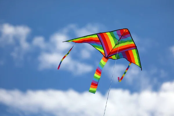 Big Colorful Kite Rainbow Colors Flies Clear Summer Sky — 图库照片
