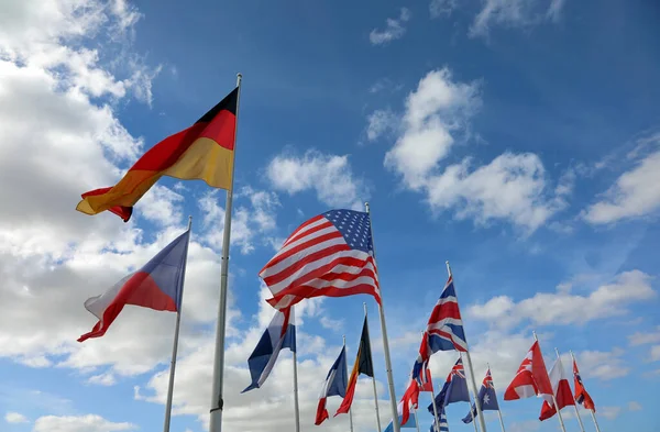 Many International Flags Germany Usa Others Blue Sky White Clouds — Foto de Stock