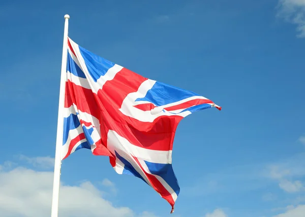 Waving Big Flag United Kingdom Blue Sky —  Fotos de Stock