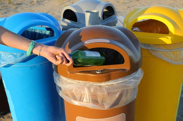 Waste Bin Separate Collection Beaches Hand Throws Away Used Bottle — Stock Fotó