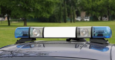 blue flashing of the siren of the police car during a check in the public park of the city