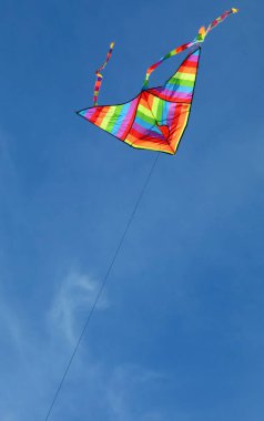 kite with rainbow colors flies free in the blue sky